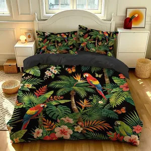 3-piece Bohemian Tropical Jungle Parrot Quilt Set, including 1 duvet cover and 2 pillowcases, without blankets or pillowcases, soft and comfortable, suitable for bedrooms, hotels, and school dormitories