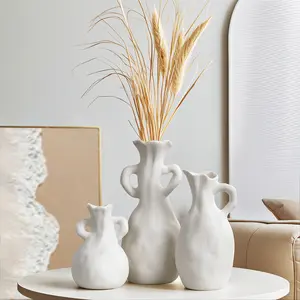 VECELO White Ceramic Vases Set 3 for Farmhouse Home Decor Modern Boho Small Vase for Flower Pots Decorative,Vases for Dinner Table Party Living Room Office Bookshelf Entryway Apartment School Bedroom Decor Gift