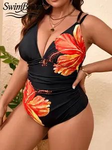 Briza｜Ruched Black Orange Floral One Piece Swimsuit For Women Vacation Swimwear For Women Plus Size Swimwear Plus Size Swimsuits Tummy Control Swimwear Plus Sized Bathing Suits For Women Tummy Control Swimsuits For Women Bathing Suit Women