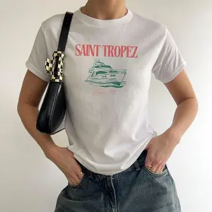 France 1990 Saint Tropez Baby Tee, Coquette European Vibes Crop Tee For Her, Women Y2K Top