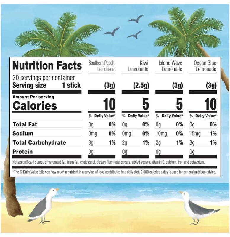 Calypso Singles To Go! Drink Mix Variety Pack – Lemonade On-the-Go Powdered Drink Mix Packets – Low Calorie Water Enhancer – Island Wave, Kiwi, Southern Peach, Ocean Blue Lemonade, 30 Count