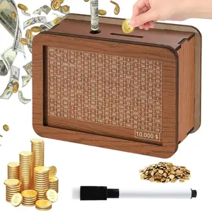 Wooden Money Box with Pen, 1/15pcs Money Saving Box, Wooden Savings Box, Coin Counter Piggy Bank, Cash Saver Money Box, Money Bank for Kids Adults