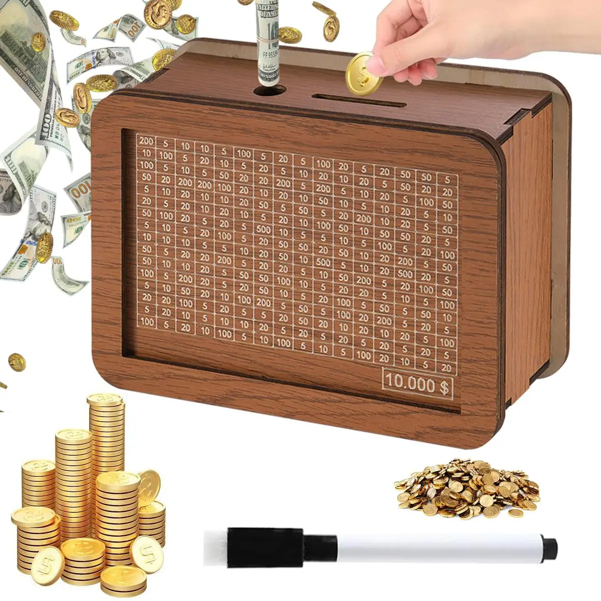 Wooden Money Box with Pen, 1/15pcs Money Saving Box, Coin Counter Piggy Bank, Cash Saver Money Box, Money Bank for Kids Adults