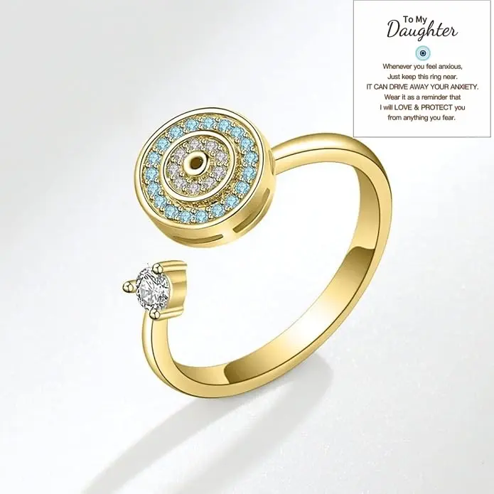 To My Daughter Spinner Ring, Evil Eye Cubic Zirconia Fidget Band for Anxiety Relief, Adjustable Inspirational Jewelry, Spinner Fidget Rings, Stress Relief Ring
