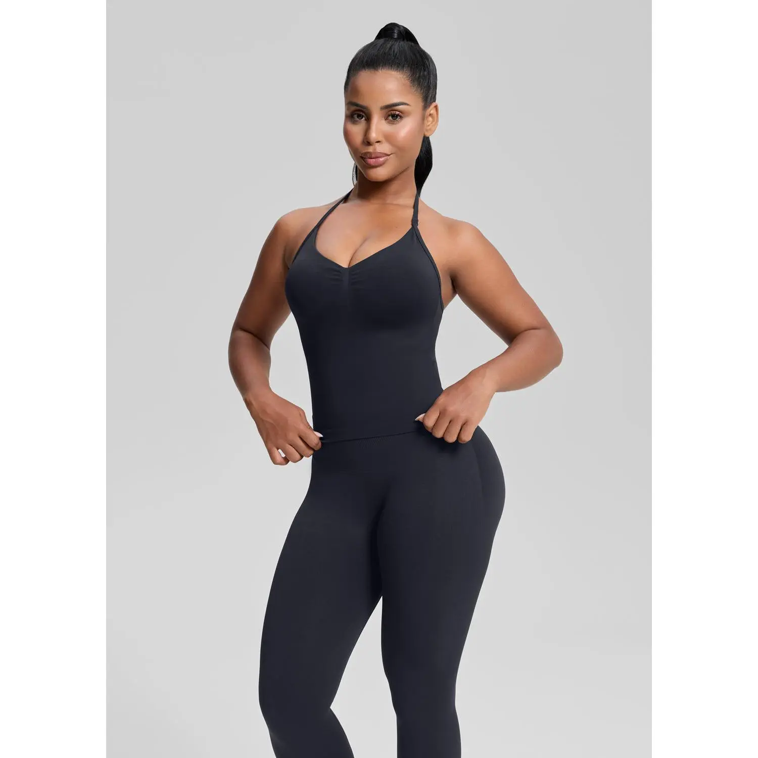 Women's Ultrasculpt Halterneck Longline Form-Fitting Twill Knit Active Tank Top with Built-in Bra, Removable Pads, Underbust Support, Smooth Stretch, Empowering Workout Apparel for Gym, Sport Activewear, Female