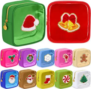 Abbylike 12 PS Christmas Preppy Patch Makeup Bags Bulk Small Nylon Holiday Makeup Bag Skincare Pouch Xmas Zipper Cosmetic Pouch Preppy Thing for Travel Christmas Women Gift(Frosted,Assorted Colors)