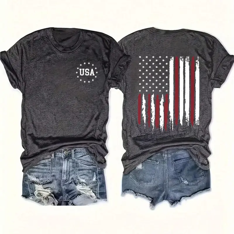 Women's American Flag Print Round Neck Tee, Casual Basic Fashion Short Sleeve T-shirt for Summer, Ladies Clothes for Daily Wear, Casual Tee Shirts