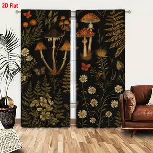 2D Flat  Vintage Naturalist Botanical Mushroom Insects Curtain 2-Piece Set, Dark Floral Ferns Daisy Butterfly Design, Black Background Earthy Tone Curtains for Living Room Bedroom Decor Home Decoration Curtain
