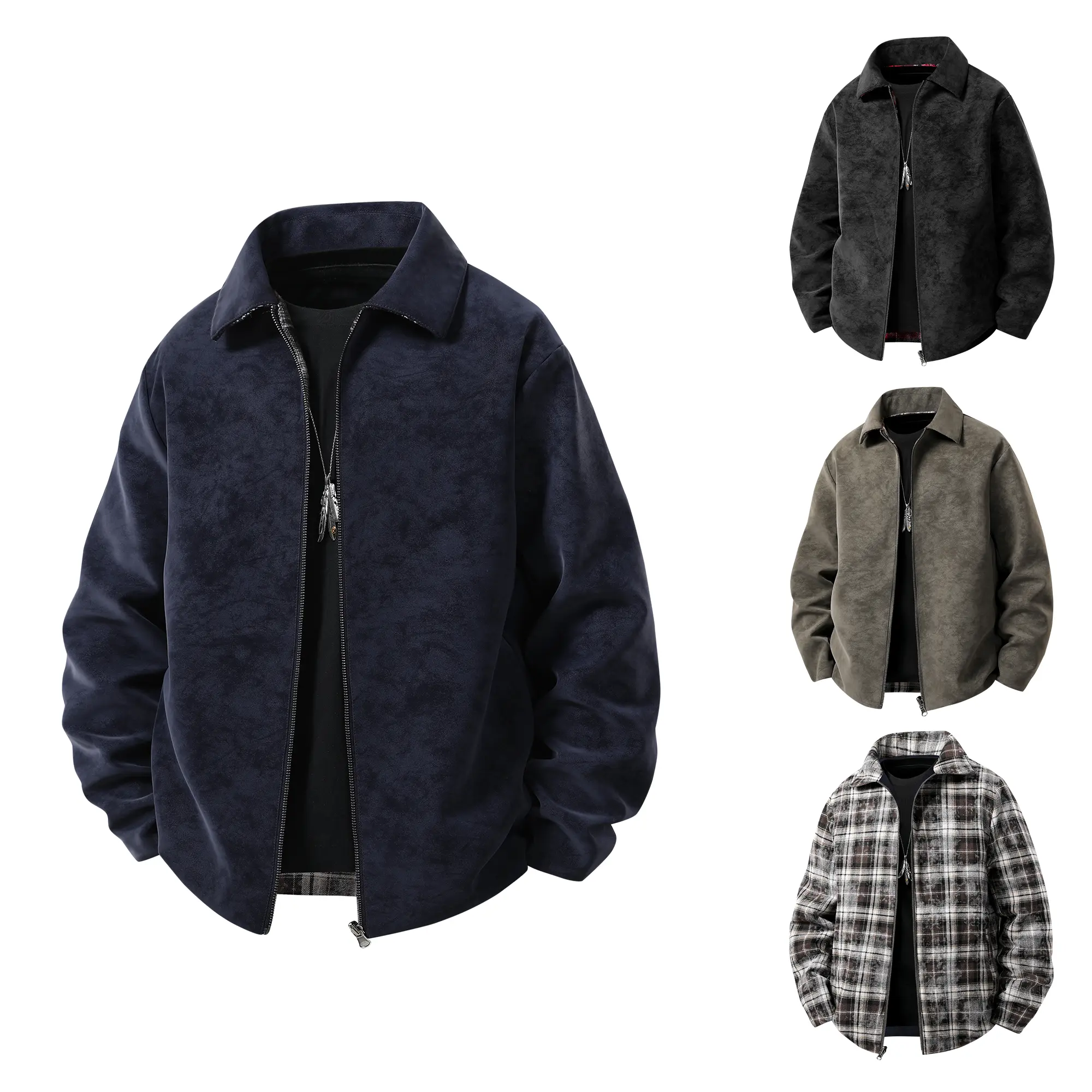 Men’s suede jacket with turn-down collar, reversible design, plaid lining, vintage casual style, zip closure, suitable for commuting