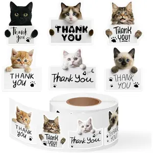 500pcs Cute Kitty Self-Adhesive Cat Thank You Stickers Roll, Cute Kitty Design, Mixed Colors, Paper Material, for Packaging, Envelope Seals, Crafts, Gifts, Decorations