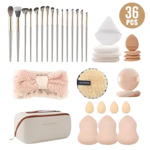 36PCS Professional Makeup Tools Kit Premium Soft Brushes Reusable Sponges and Puffs with Storage Case and Headband Perfect for Flawless Base Makeup