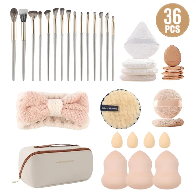 36PCS Professional Makeup Tools Kit Premium Soft Brushes Reusable Sponges and Puffs with Storage Case and Headband Perfect for Flawless Base Makeup
