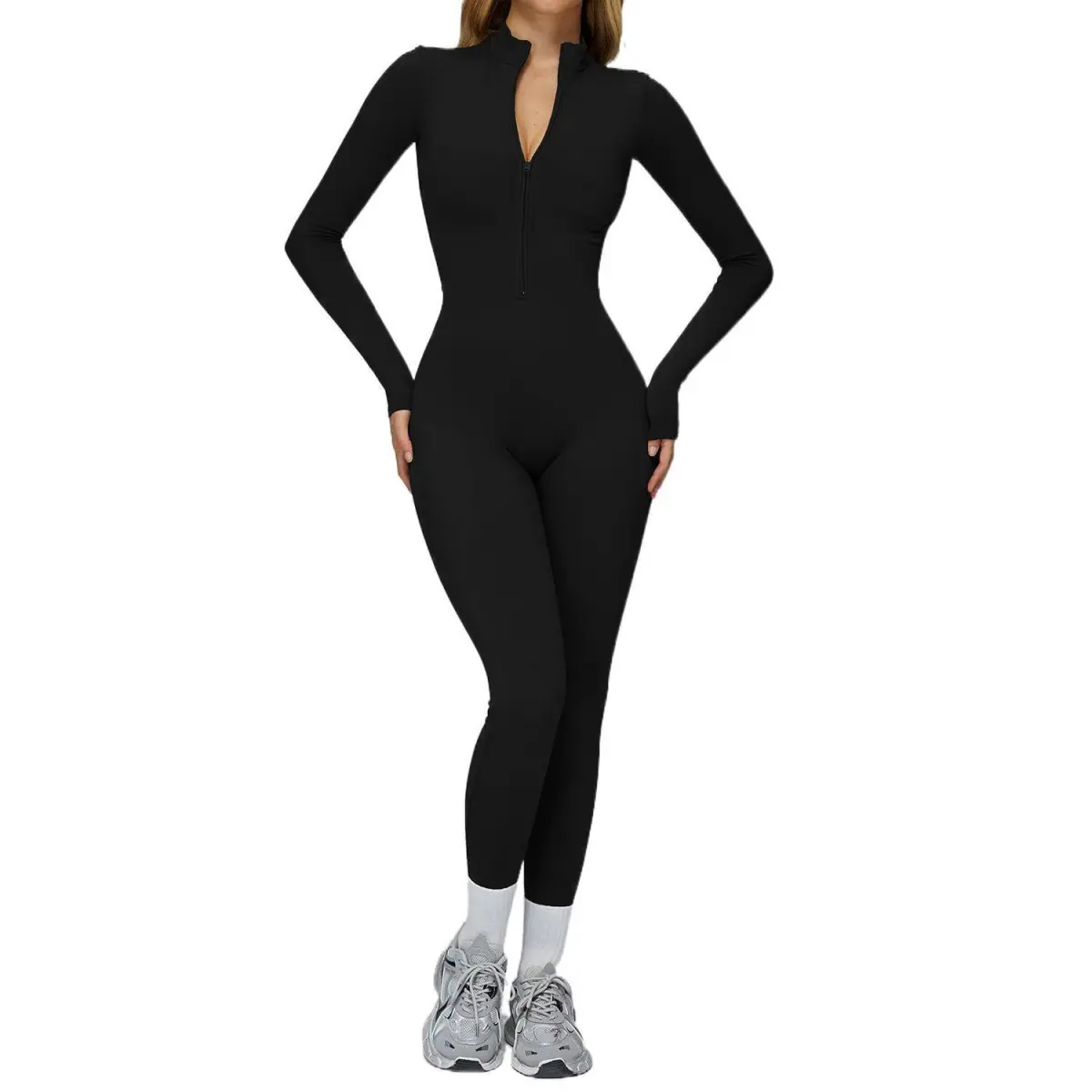 Women's Fleece-Lined Jumpsuit, Fitted Long Sleeve Zip-Up Versatile 1-Piece for Casual Yoga & Athleisure, Zipper, Slim Fit, Versatile One Piece