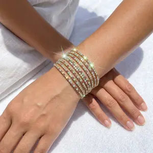 Multiple Layered Square Cut 14K Gold Plated Rhienstone 9 Pieces Stretch Bracelet Set