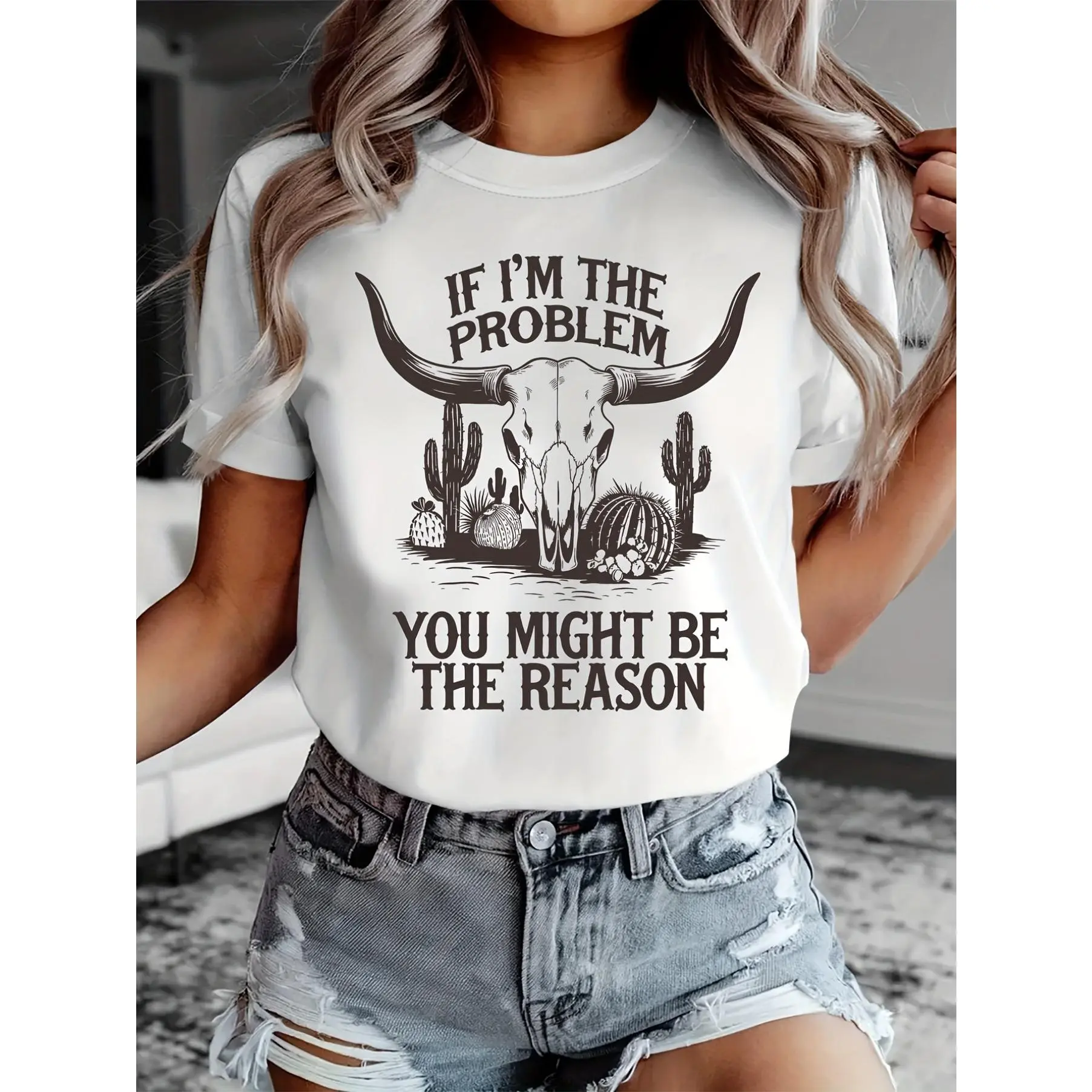 Women's Cotton Short-Sleeve Round Neck Cowgirl T-Shirt - Casual Streetwear Party Top with Western Cow Skull, Cactus, Desert Prints, Women's Tops