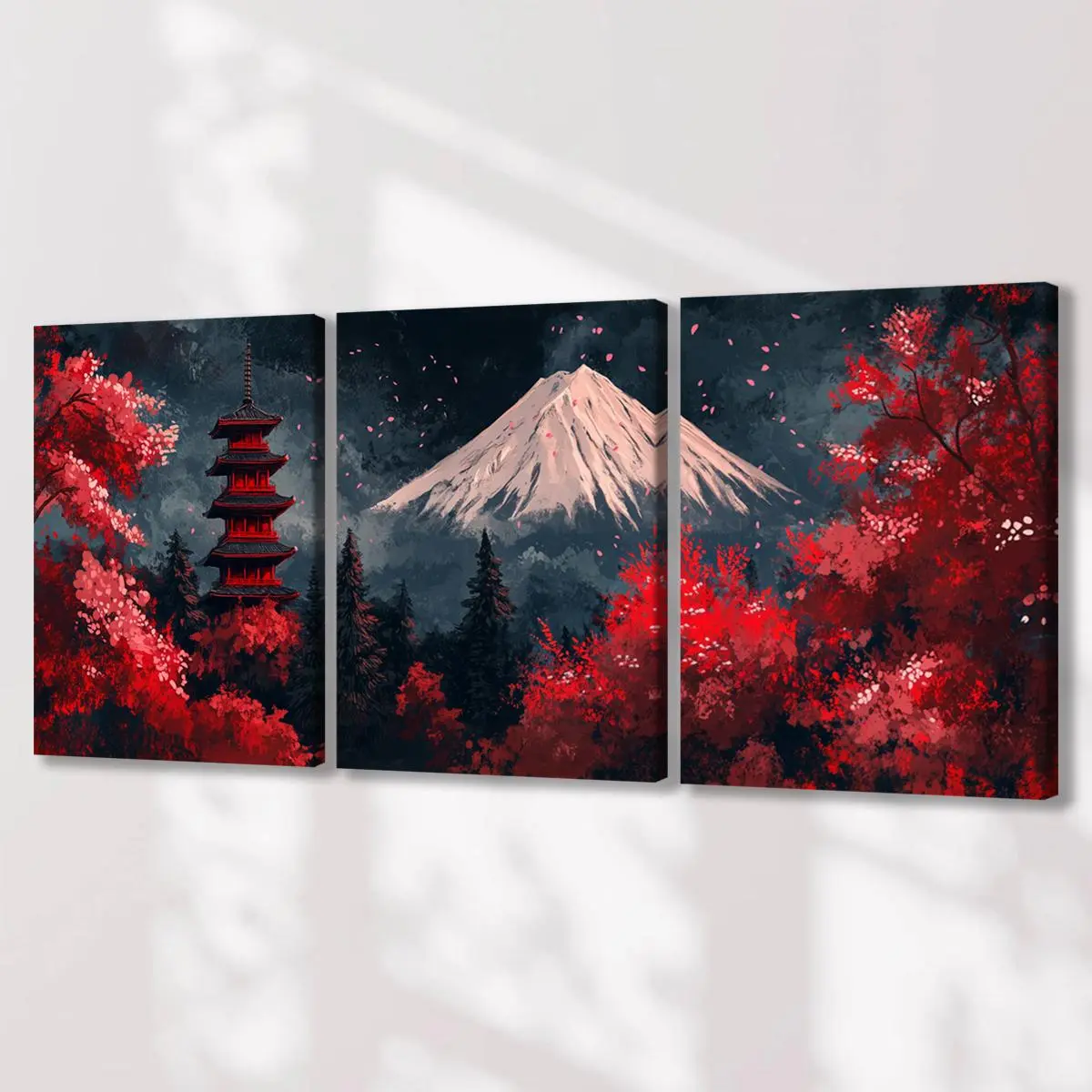 Wooden Framed Canvas Painting, 3 Counts/set Japanese Landscape Art