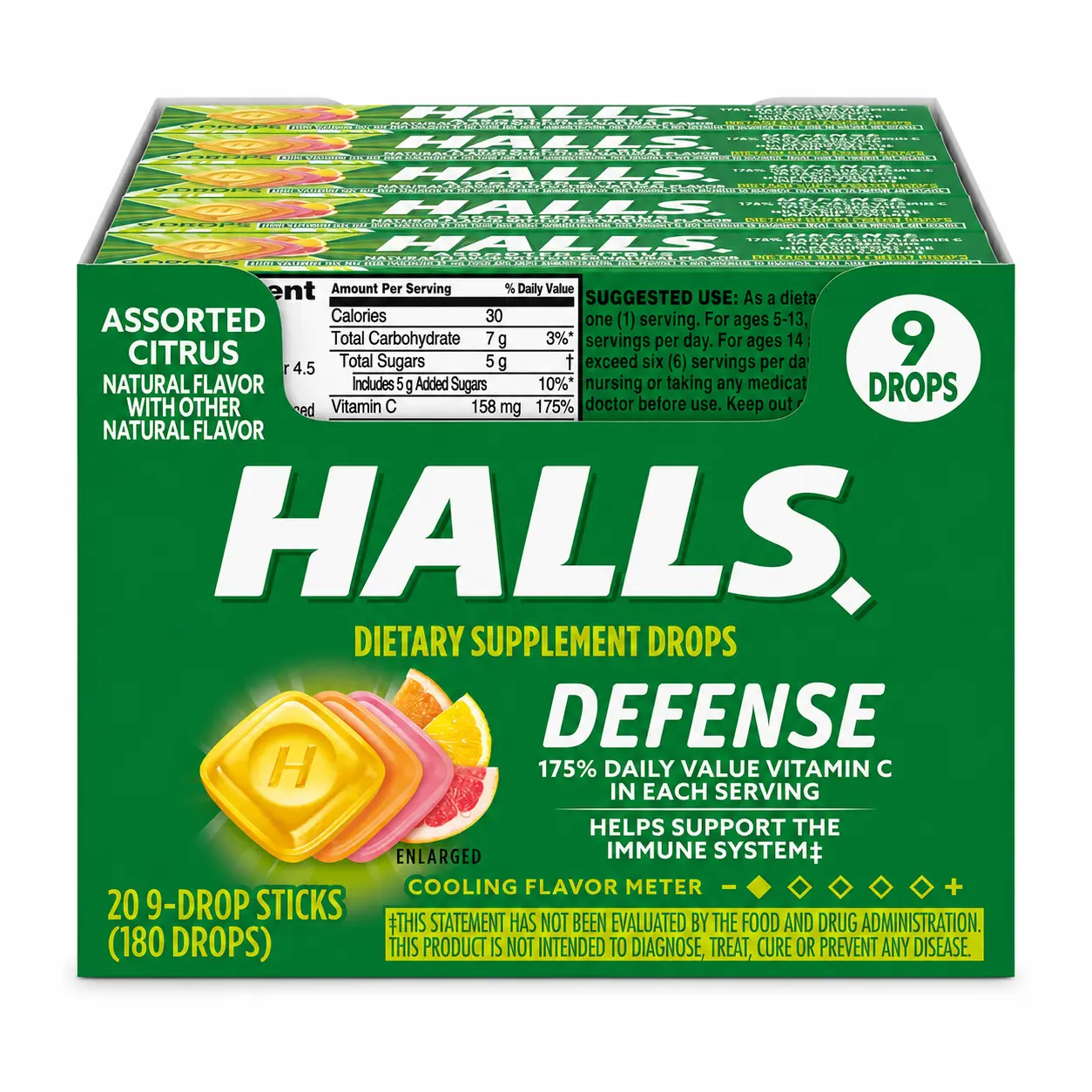 Halls Defense Immune Boost Vitamin C Supplement Drops, Assorted Citrus Flavor, 20 Sticks, Supplement Drop, Prop 65 Safe