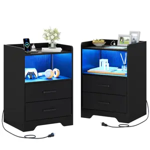 Sikaic Black Nightstands Set of 2 with Charging Station & LED Lights Modern Bedside Tables with 2 Fabric Storage Drawers for Bedroom Furniture