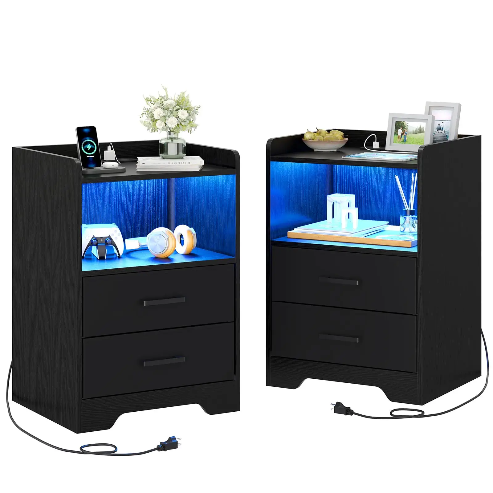 Sikaic Nightstands Set of 2 with Charging Station and LED Lights, Modern Bedside Table with 2 Fabric Storage Drawers, Black Tv Console Cabinet Bedroom