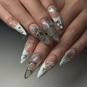 24pcs Spring Summer Almond Shape Star Elegant Rhinestone Decorated Nail Art, Reusable Press-On Nails for Women, Perfect for Parties and Daily Use