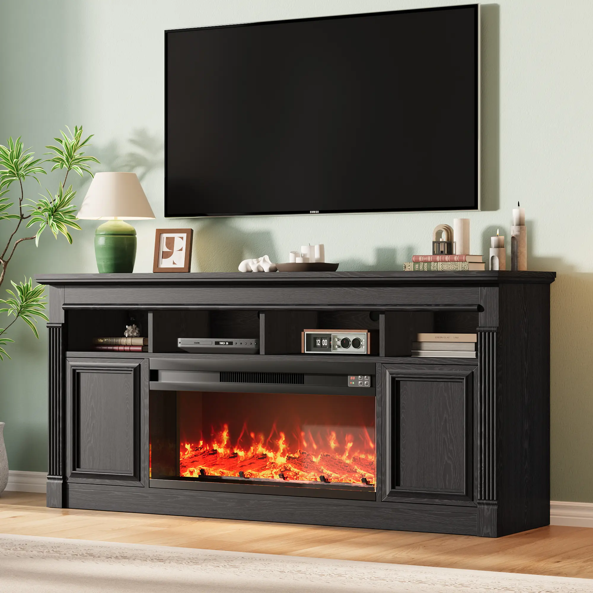 OP-Farmhouse TV Stand for TVs Up to 75", Entertainment Center with Open Storage, TV Console with Doors & Adjustable Shelves for Living Room, Bedroom, Home Theater