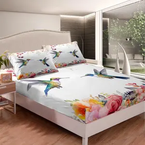 Feelyou Queen Size Hummingbird Bed Sheet Sets - Chemical-Free, Breathable, Stretchable, Deep Pocket Bedding with Tropical Birds & Farmhouse Garden Flowers Artistic Fitted Sheets