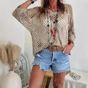 Women's Vintage Crochet Knit Top V Neck Hollow Out Cotton Shirt Summer Half Sleeve Batwing Loose Pullover Boho Knitwear