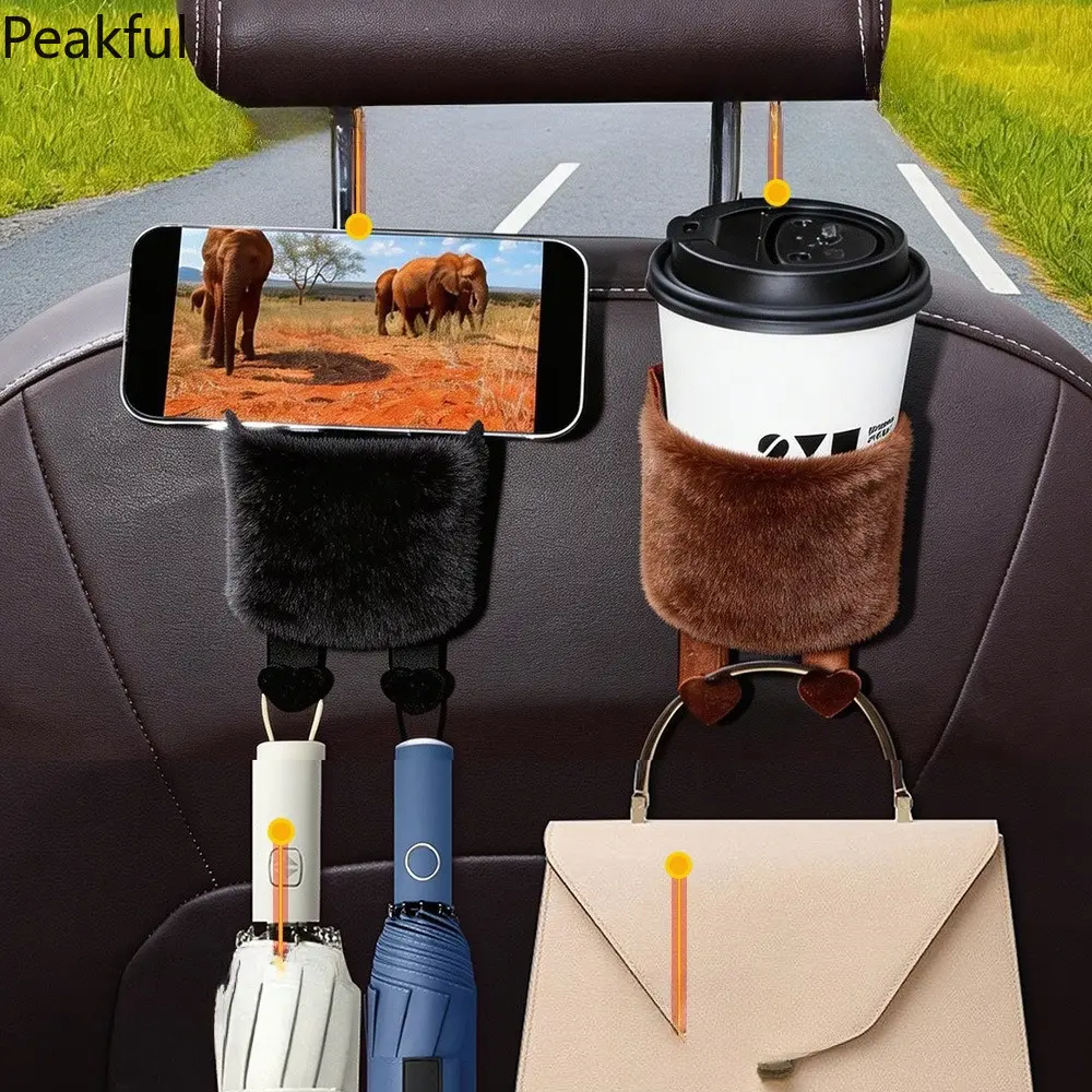 Plush Cute Car Seat Back Storage Caddy, Popular Multi-functional Auto Headrest Cup & Phone Holder, Soft Fluffy Drink Organizer with Hanging Hook, easy installation & universal fit, great for holding water bottles, coffee cups, smartphones