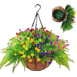 1pc/2pcs Artificial Hanging Flower Basket, Garden Decor, Hanging Flower Pots, Hanging Planters, Coconut Shell Lined, Begonia Included, Indoor Outdoor Decoration
