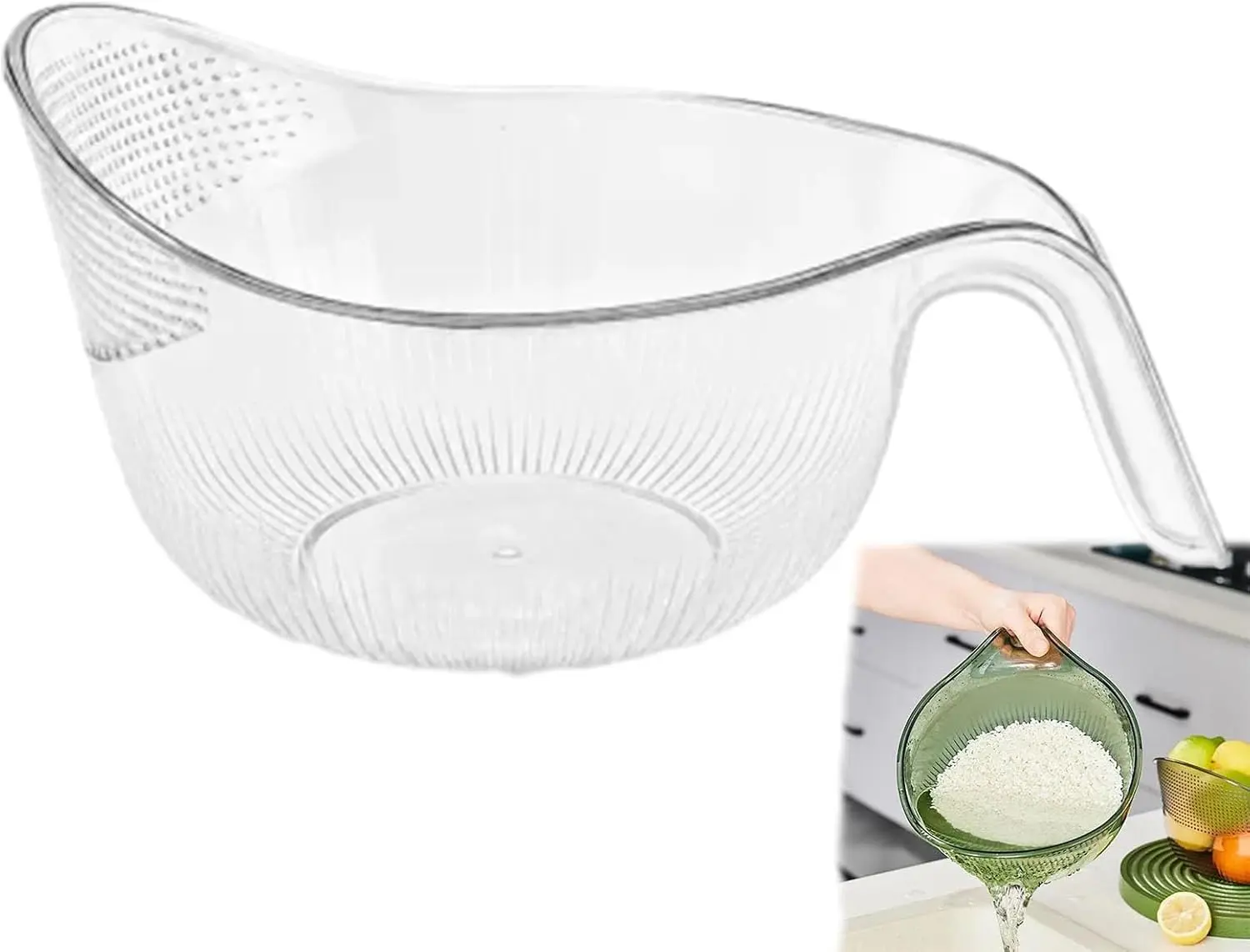 Multipurpose Rice Washing Bowl Strainer with Handle, Aesthetic Multifunctional Rice Strainer with Handle - Colander for Draining Vegetables, Fruits, Cheese, Coffee Dispenser Set (Transparent)