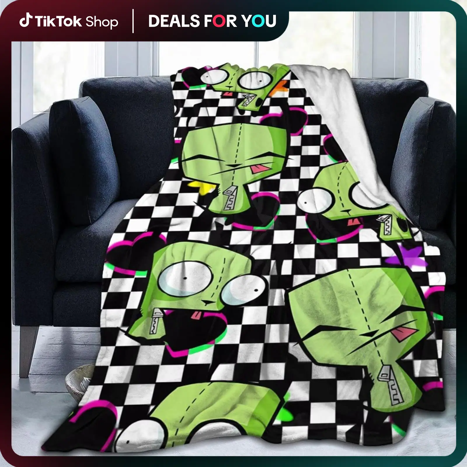Quirky Green Bot Throw Blanket – Y2K Cartoon Style with Checkerboard & Neon Hearts – Soft Cozy Flannel for Bed, Couch, or Dorm Room Decor – Fun Gift f