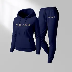 Women's MILANO Print Hoodie & Jogger Set, Long Sleeve Hooded Sweatshirt + Drawstring Pants, Fall/Winter Casual Sportswear, Comfortable Activewear for Indoor & Outdoor