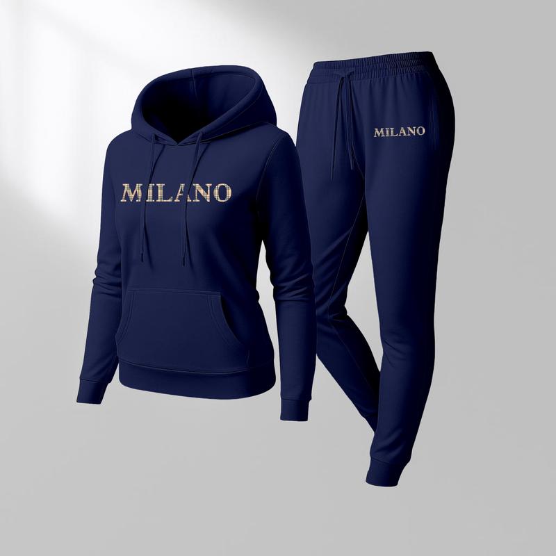 Women's MILANO Print Hoodie And Drawstring Track Pants Set, Casual Sportswear, Long-Sleeved Hooded Jacket And Pants, Suitable For Autumn And Winter, Everyday Wear, Indoor And Outdoor Sportswear, Casual Sportswear.