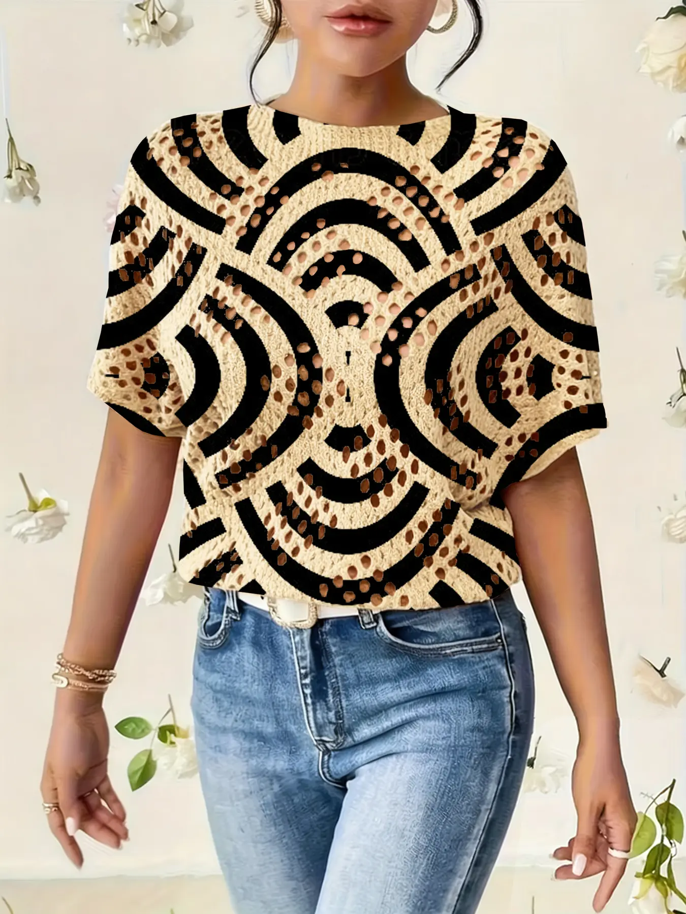 Women's Geometric Stripe Print Round Neck Sweater, Casual Batwing Sleeve Knit Top, Fall Winter Comfortable Warm Clothing
