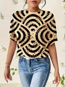 Women's Geometric Stripe Print Round Neck Sweater, Casual Batwing Sleeve Knit Top, Fall Winter Comfortable Warm Clothing