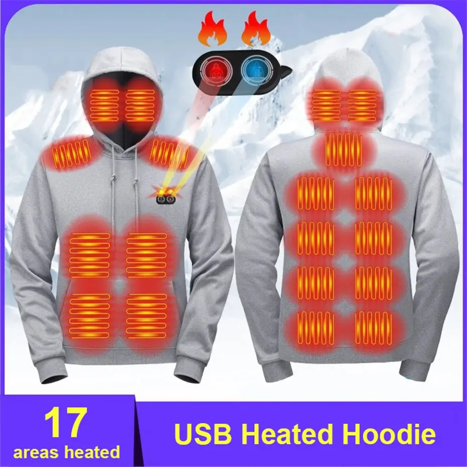 Men's USB Heated Hoodie 17-Zone Heating Electric Warm Sweatshirt Winter