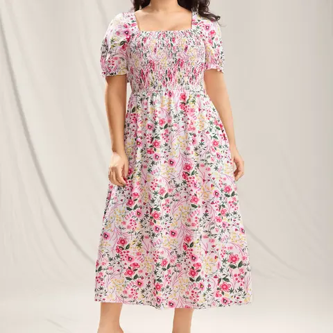 BloomChic Shirred Floral Print Pockets Maxi Dress 【M-6XL】