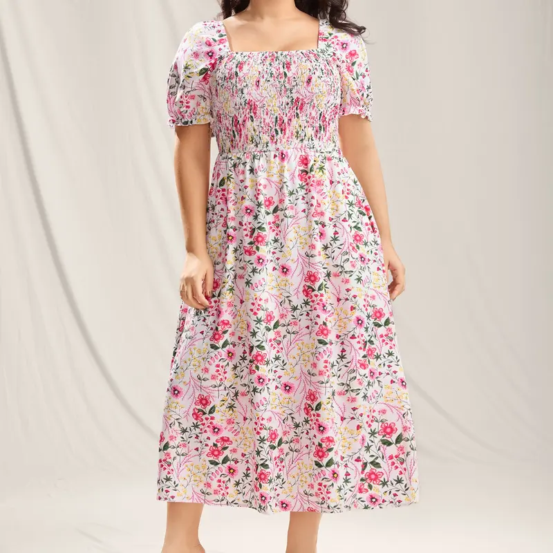 BloomChic Shirred Floral Print Pockets Maxi Dress 【M-6XL】