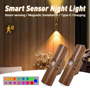 1/2/4 Battery Powered Wall Lights, Dimmable Wall Lamp, Motion Sensor Night Light, Wood Grain Indoor Lamp, Rechargeable, Magnetic Installation, RGB Neon Color Change, Multifunctional Ambient Lights