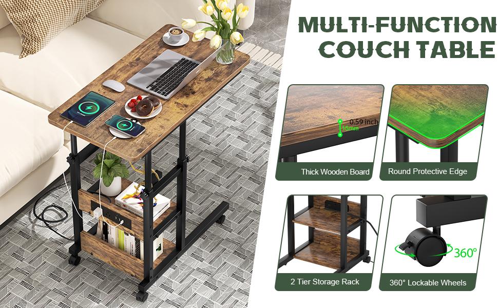 C Shaped End Table Height Adjustable - Couch Side Table with Charging Station, TV Tray with Wheels Slide Under Sofa for Small Spaces, Living Room Bedroom