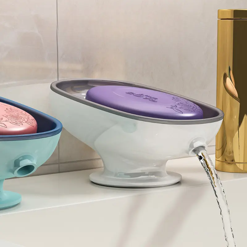 Self-Draining Soap Dish with Water Guide Spout, Elevated Base Non-Slip Soap Holder, No-Stagnant Water Bar Soap Tray for Bathroom & Kitchen