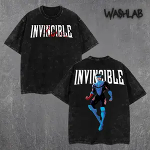 Retro Limited Blue Blood Mark Grayson Invincible War Comic Graphic Tee Double Sided Print Oversized Acid-Washed Heavyweight Cotton T-Shirt – Unisex Movie Tee, Perfect Gift for Comic and Lovers Menswear Tops