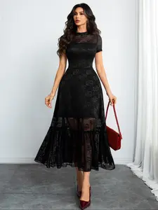 Elegant Gothic Rose Embroidered Mesh Dress, Dark Style Patchwork Gown, Women's Fashionable Evening Wear, Stylish Party, Elegant Fit Dress