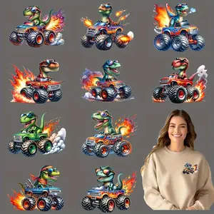 12 Piece Dinosaur Truck DIY Transfer Stickers, Washable Heat Transfer Design, Non-Iron Appliques for T-Shirts, Face Masks, Jeans, Backpacks