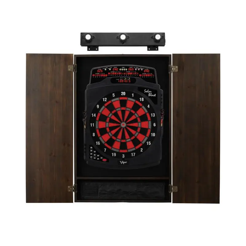 VIPER Solar Blast Electronic Dart Set with Metropolitan Espresso Pine Cabinet, Shadow Buster Light, 43 Games, 16-Player Scoreboard, Rec Room, Game Night Games