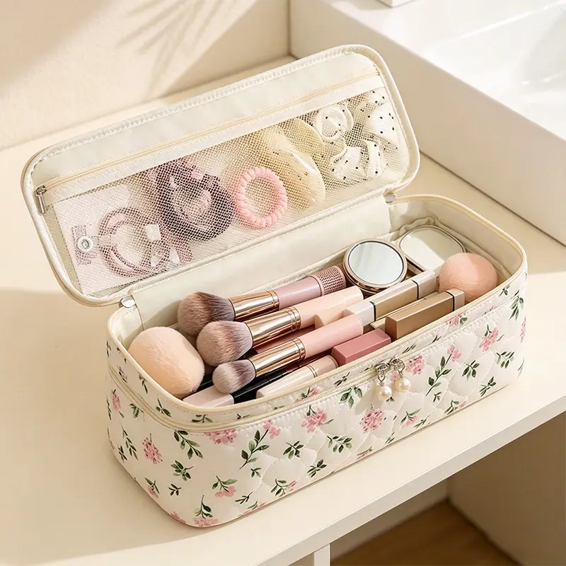 Floral Quilted Double Layer Hair Tool Storage Bag for Women, Hair Dryer Travel Organizer, Waterproof Cosmetic Organizer with Pearl Zipper Pulls Portable Top Handle Mesh Pocket for Vacation Trip