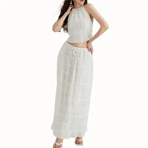 Women's Two Piece Set Halter Neck Cropped Top Tiered Ruffle Maxi Skirt with Drawstring Waist Elegant Vacation Outfit outdoorfun