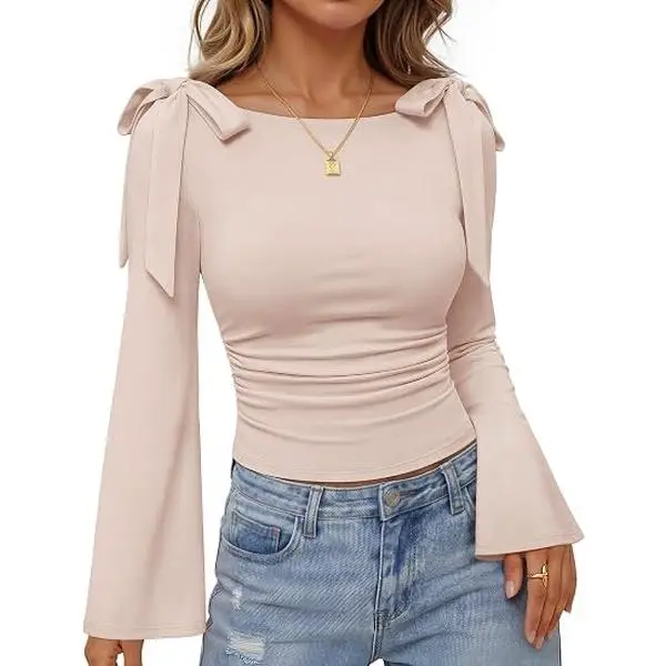 ZESICA Womens Cute Tie Shoulder Ruched Tops Long Sleeve Shirts | Flowy Bell Sleeve, Elegant Boat Neck, Slim Fit, Going Out Tops for Women, Fall Trendy, Dressy Casual, Date Night, Y2K