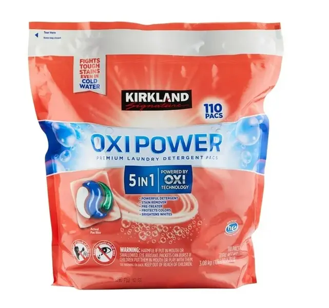 Kirkland Signature Oxi Power Premium Unscented Laundry Detergent Convenient Pacs, 110-Count 5-in-1 Formula with Oxi Technology for Tough Stains, Household Cleaner, None