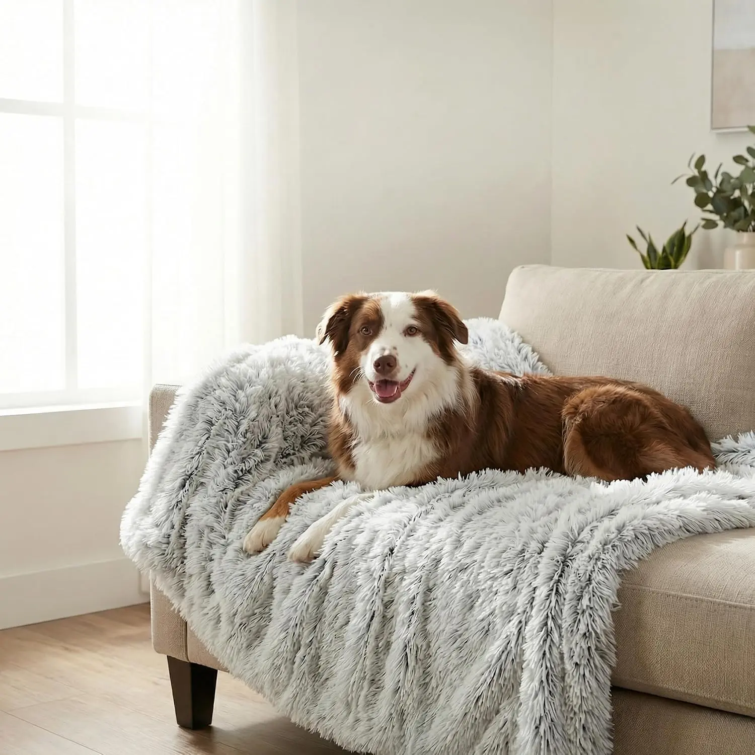 Reversible Calming Dog Blanket, Waterproof Pet Throw, Ultra Soft Long Shag Faux Fur & Velvet, Anxiety Relief Cozy Bed Cover for Dogs & Cats, Machine Washable Gray Pet Furniture Protector for Sofa, Crate & Travel | Bonus 5 Pet Pee Pads Included